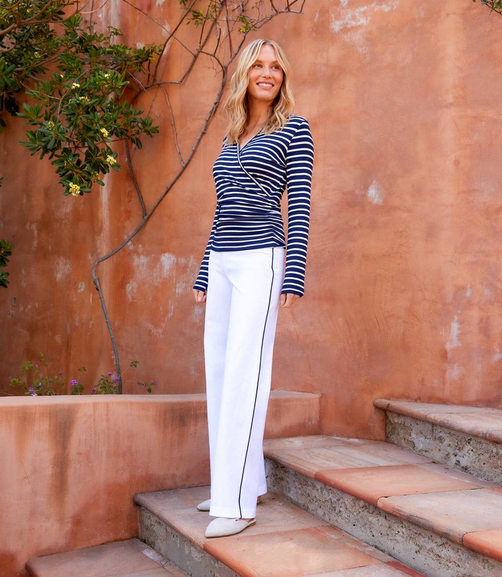 Petite Size Long Sleeve Stripe Side-Shirred Crossover Top