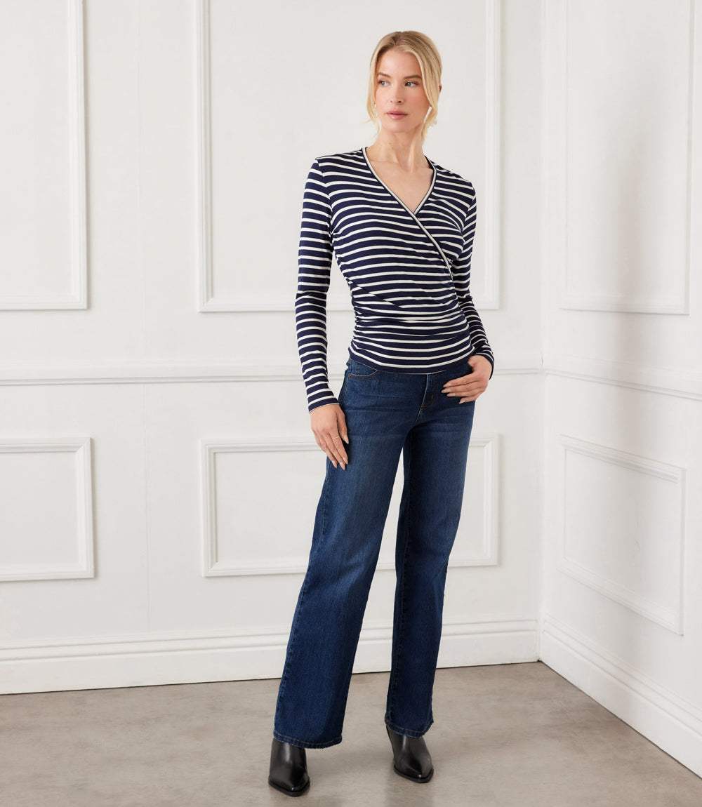 Petite Size Long Sleeve Stripe Side-Shirred Crossover Top - Image 2