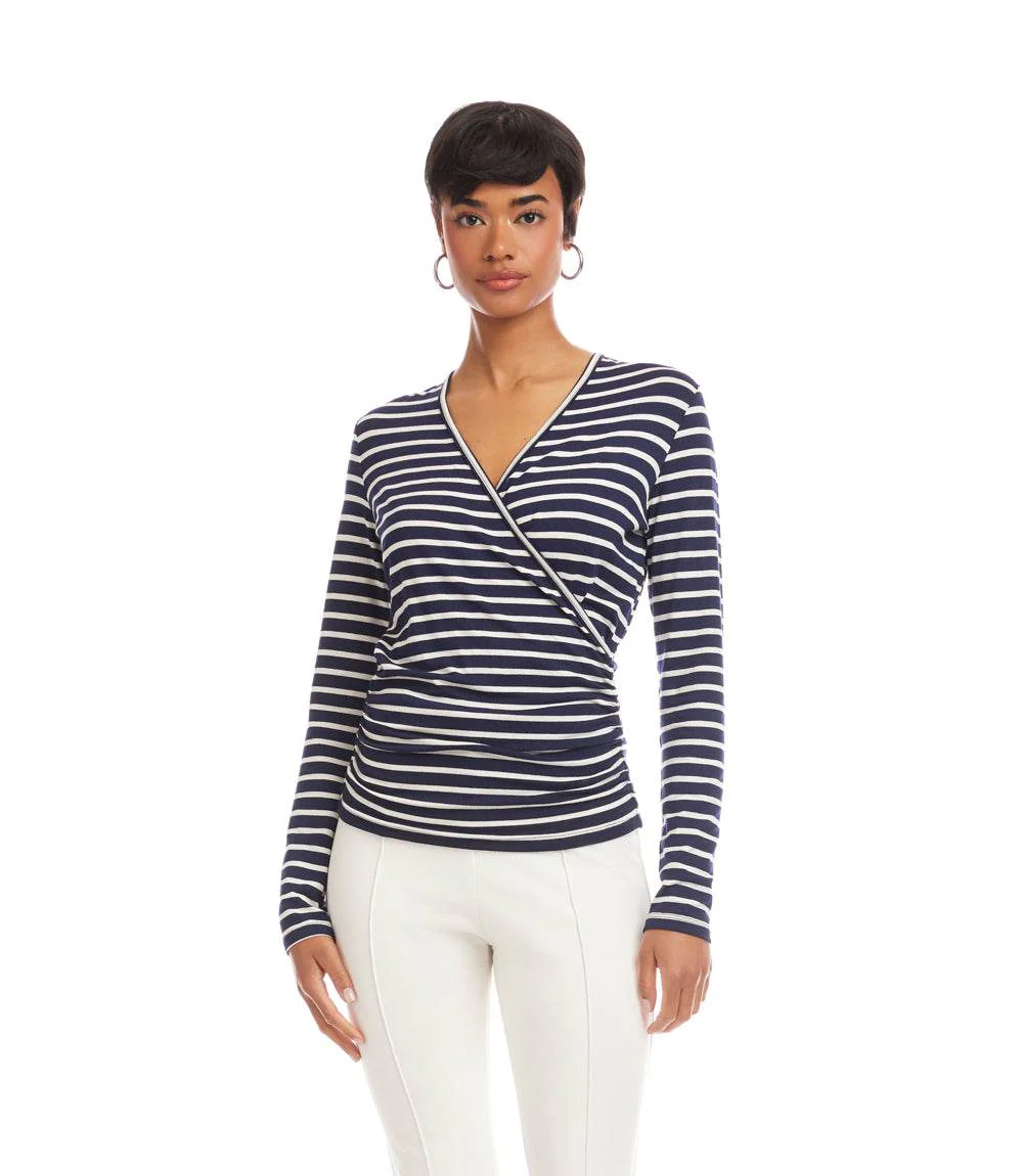 Petite Size Long Sleeve Stripe Side-Shirred Crossover Top - Image 3