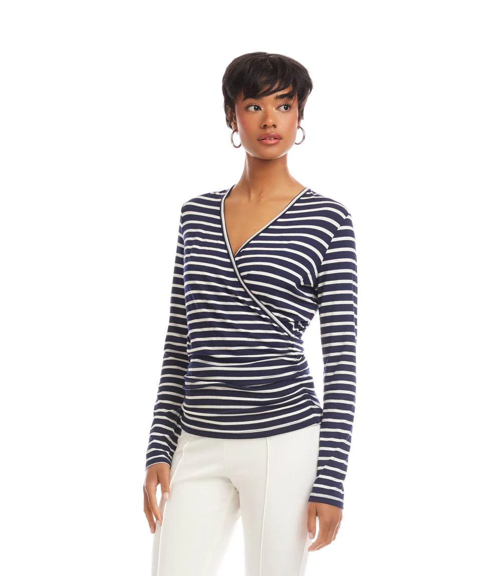 Petite Size Long Sleeve Stripe Side-Shirred Crossover Top - Image 4