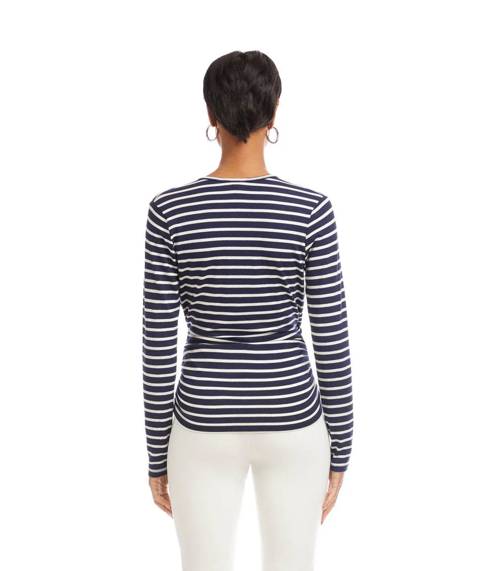 Petite Size Long Sleeve Stripe Side-Shirred Crossover Top - Image 5