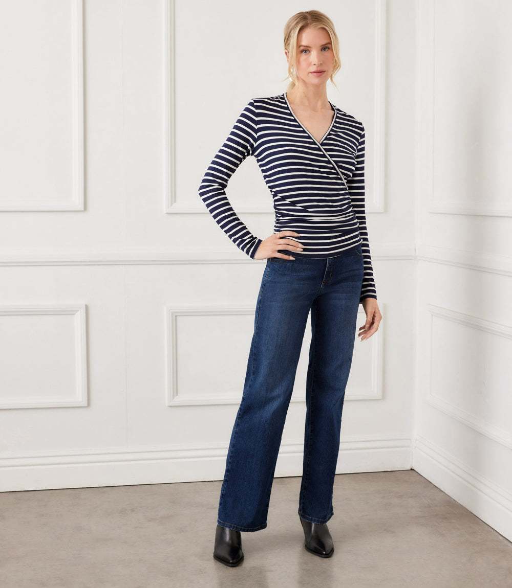 Petite Size Long Sleeve Stripe Side-Shirred Crossover Top - Image 6