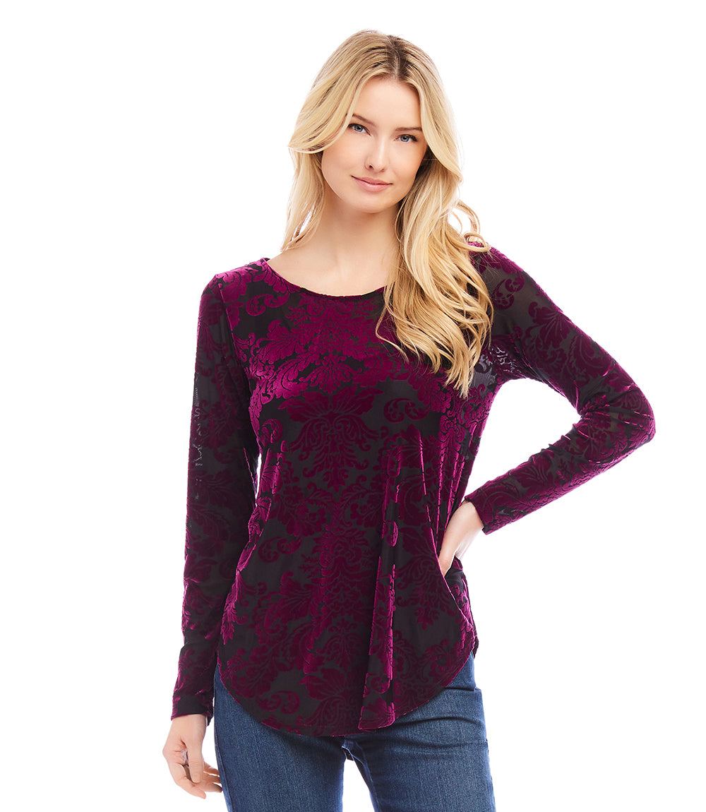 Petite Size Long Sleeve Velvet Burnout Shirttail Top