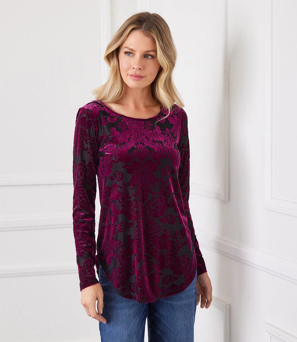 Petite Size Long Sleeve Velvet Burnout Shirttail Top - Image 2