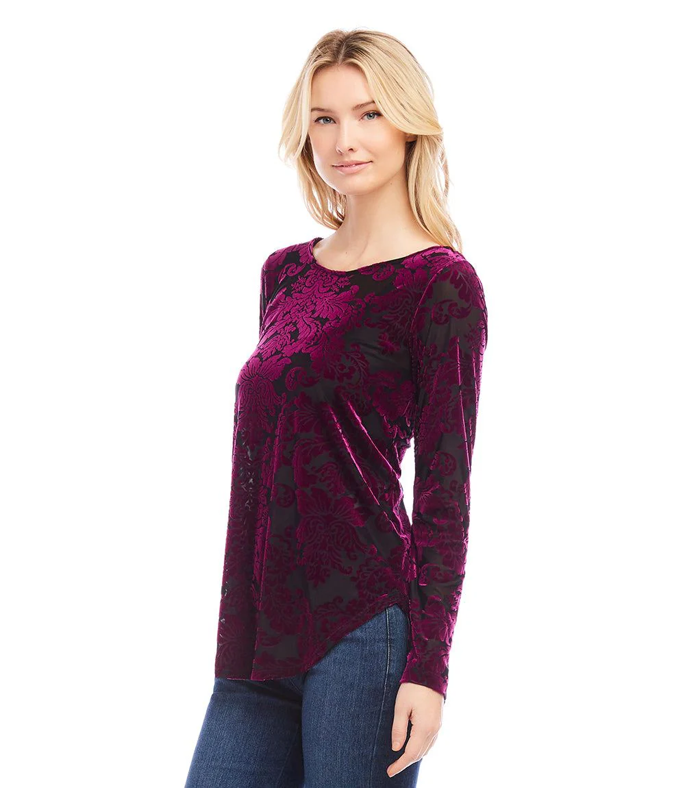 Petite Size Long Sleeve Velvet Burnout Shirttail Top - Image 3