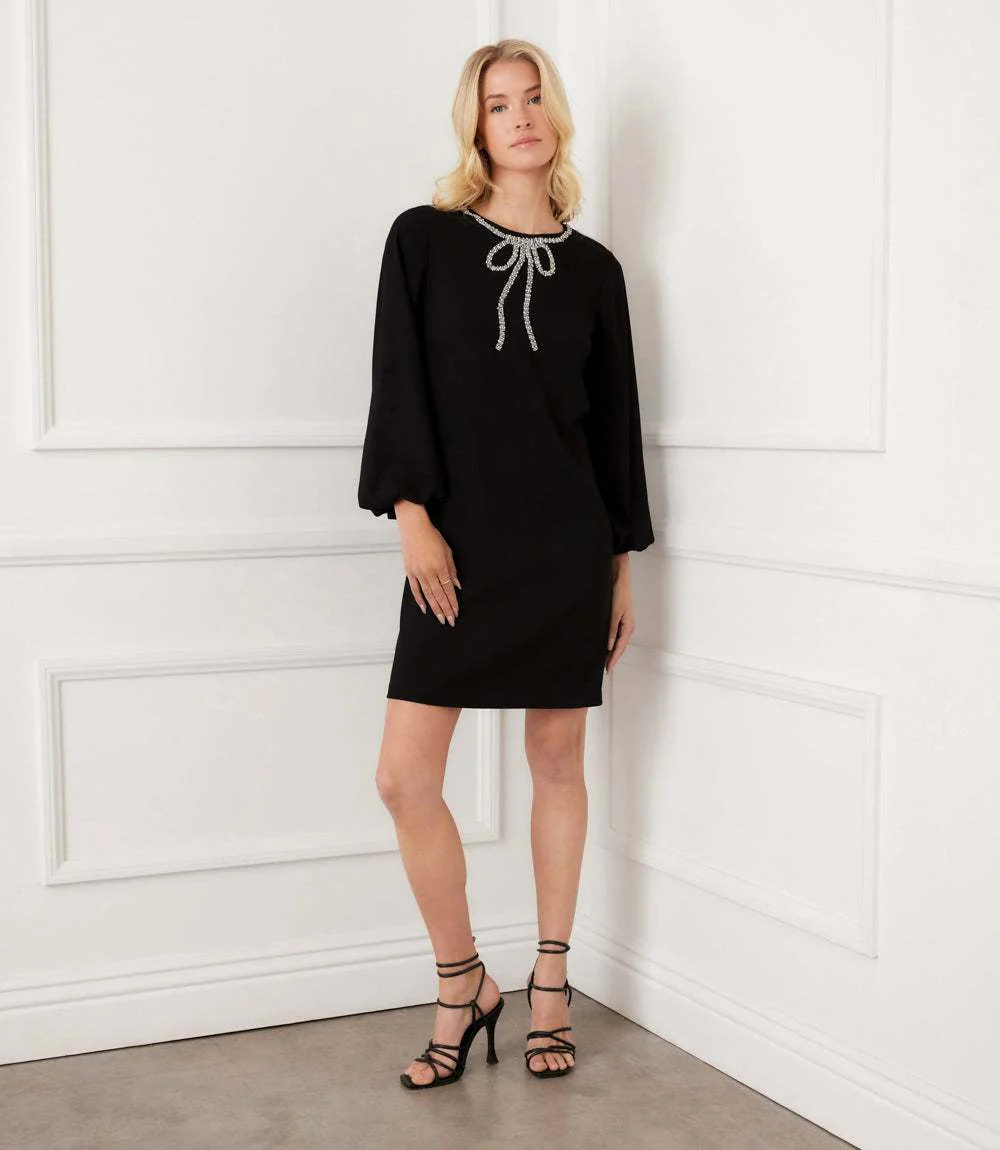 Petite Size Puff Sleeve Embellished Bow Shift Dress - Image 2