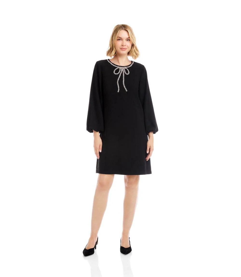 Petite Size Puff Sleeve Embellished Bow Shift Dress - Image 3