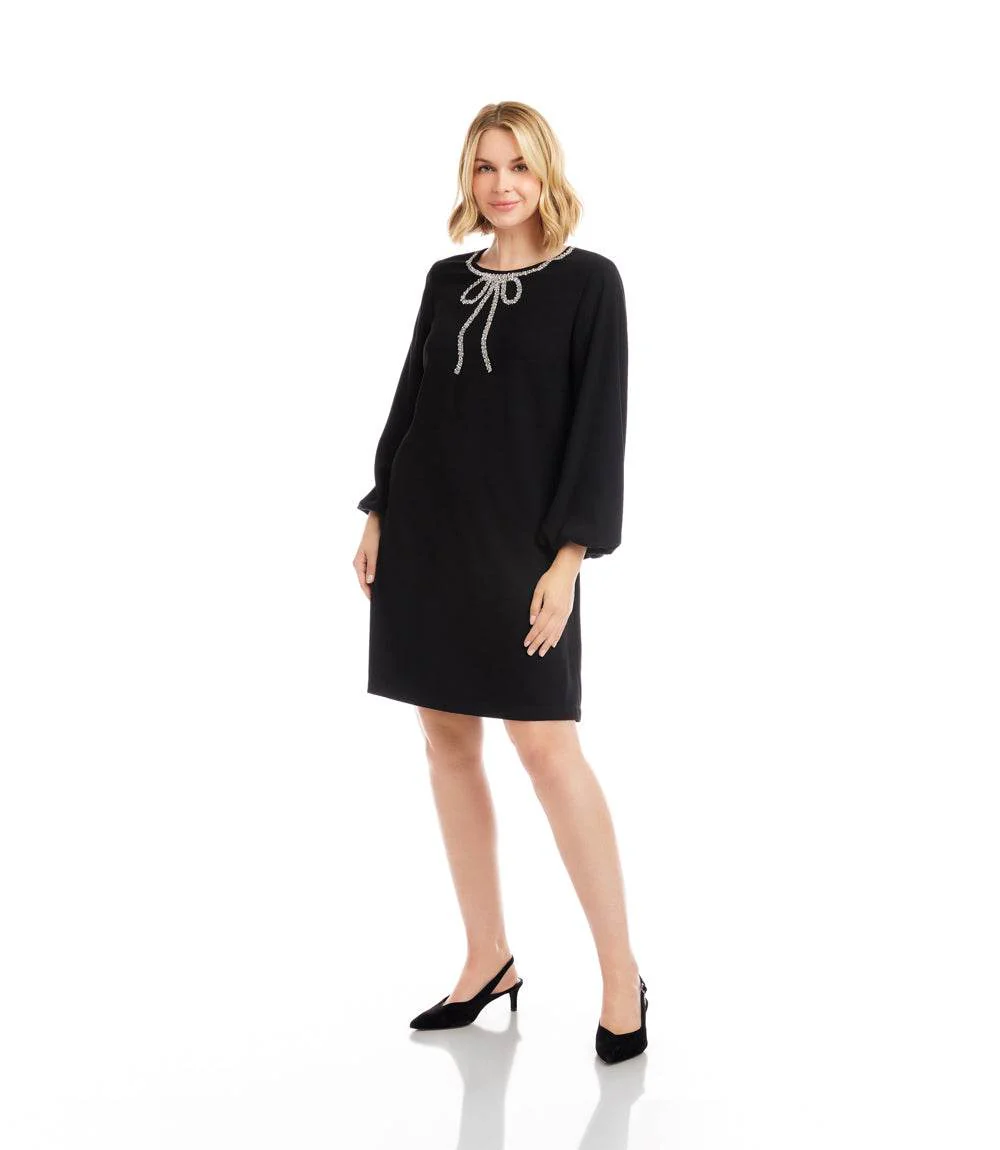 Petite Size Puff Sleeve Embellished Bow Shift Dress - Image 4