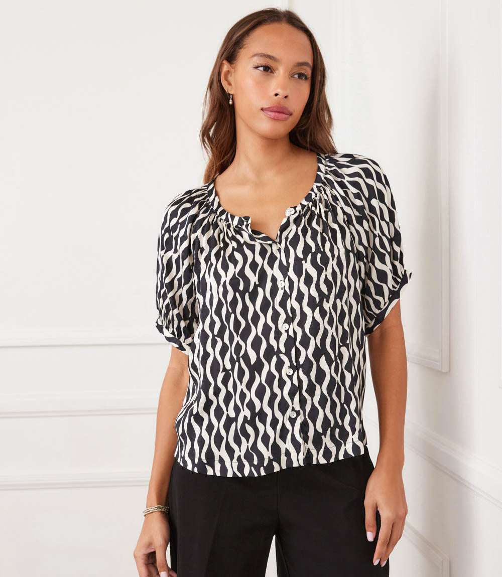 Petite Size Satin Short Sleeve Peasant Top - Image 2