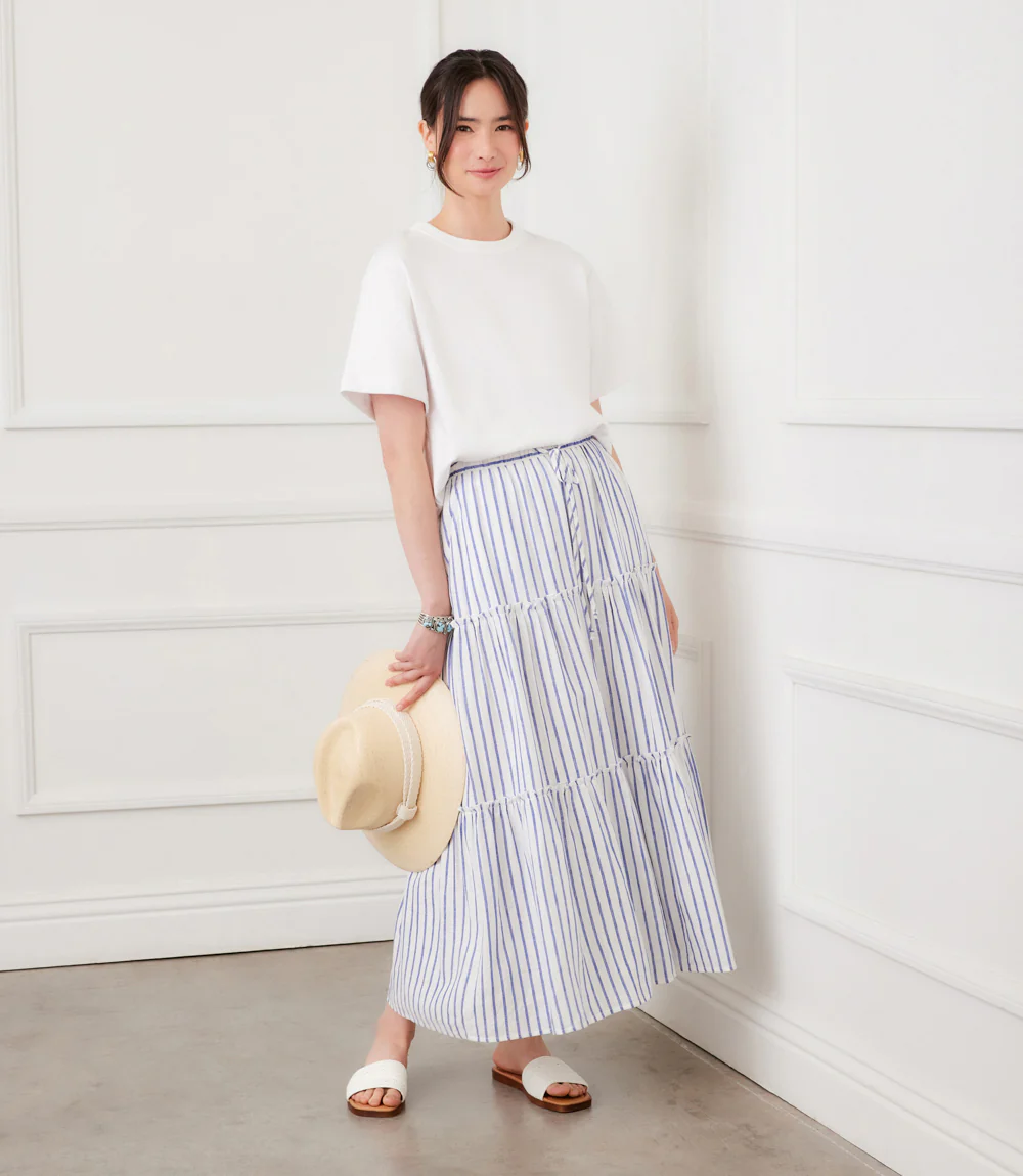 Petite Size Stripe Tiered Midi Skirt - Image 2