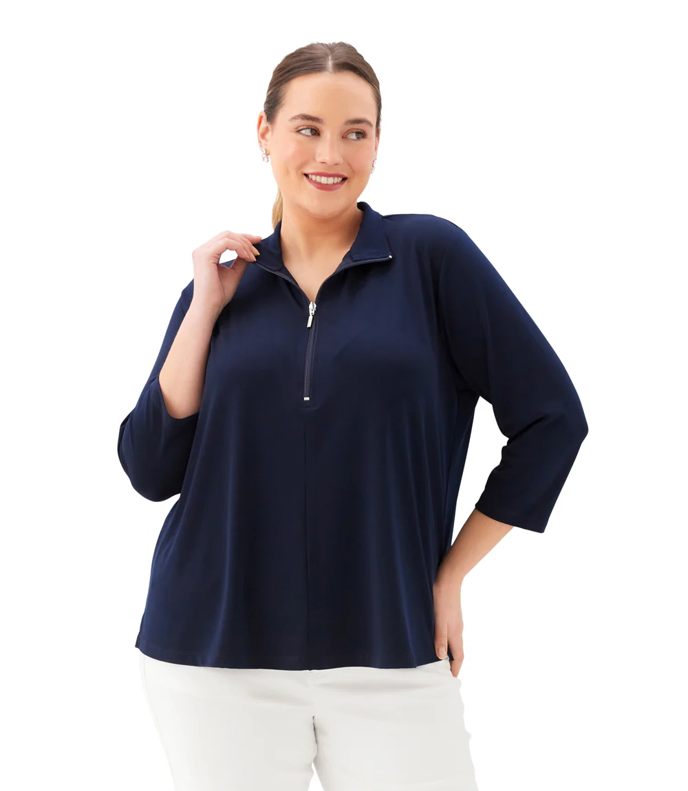 Plus Size 3/4 Sleeve Zip-Up Travel Jersey Top - Image 2