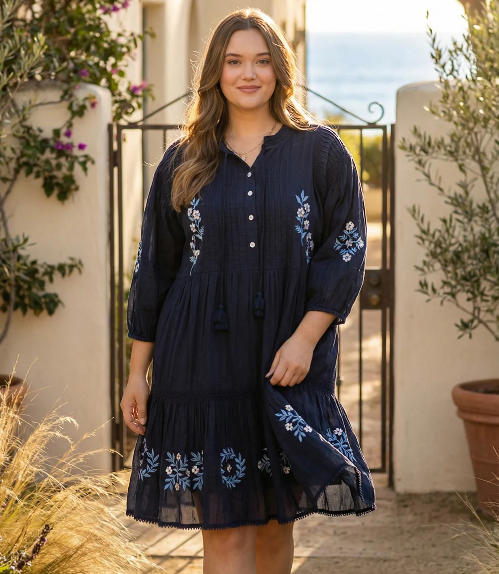 Plus Size Blouson Sleeve Embroidered Lace Trim Tiered Dress