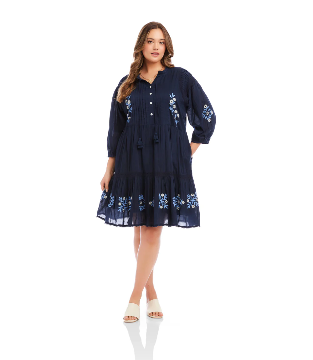 Plus Size Blouson Sleeve Embroidered Lace Trim Tiered Dress - Image 2