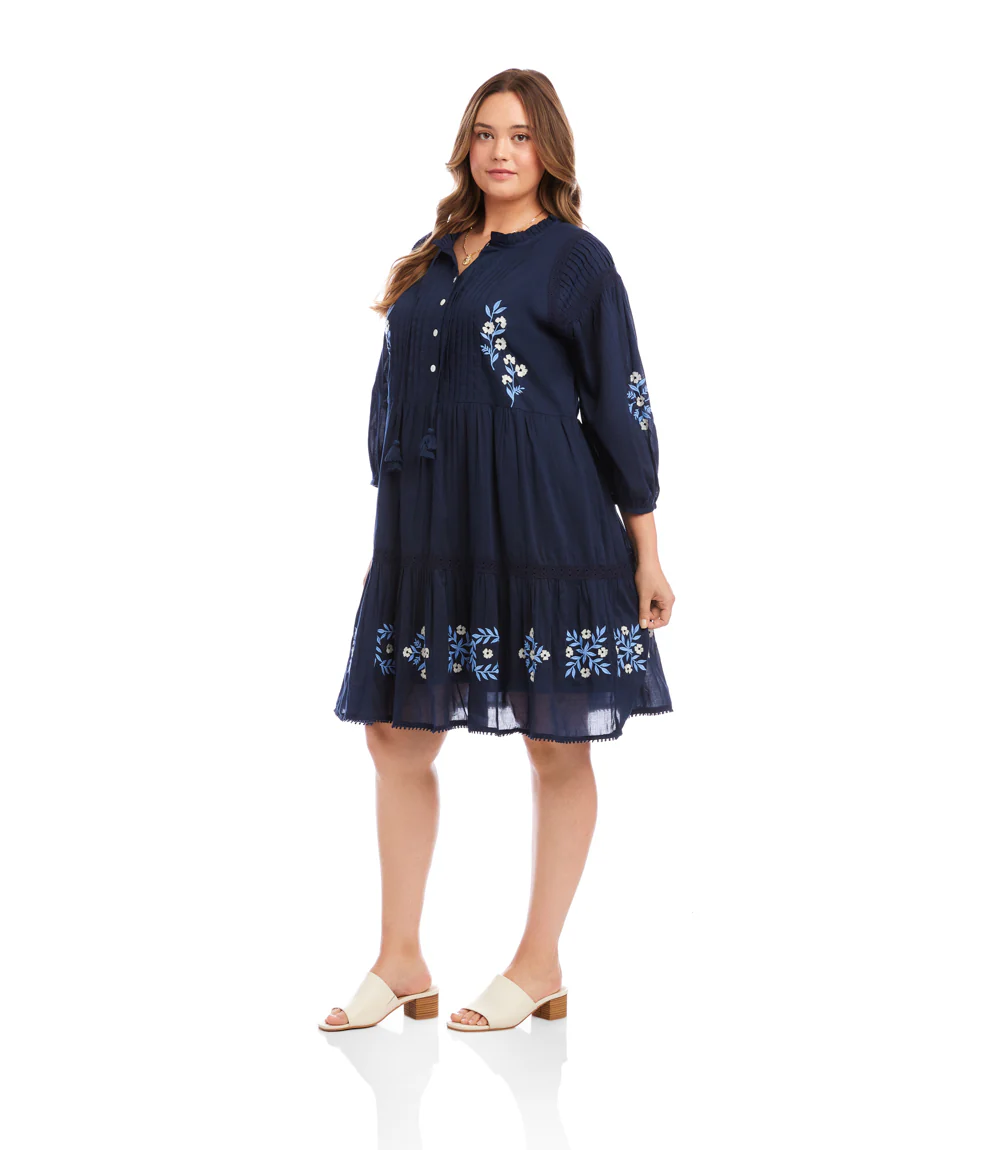Plus Size Blouson Sleeve Embroidered Lace Trim Tiered Dress - Image 3