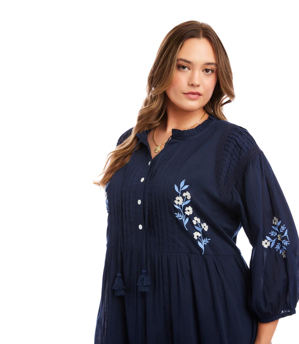Plus Size Blouson Sleeve Embroidered Lace Trim Tiered Dress - Image 5