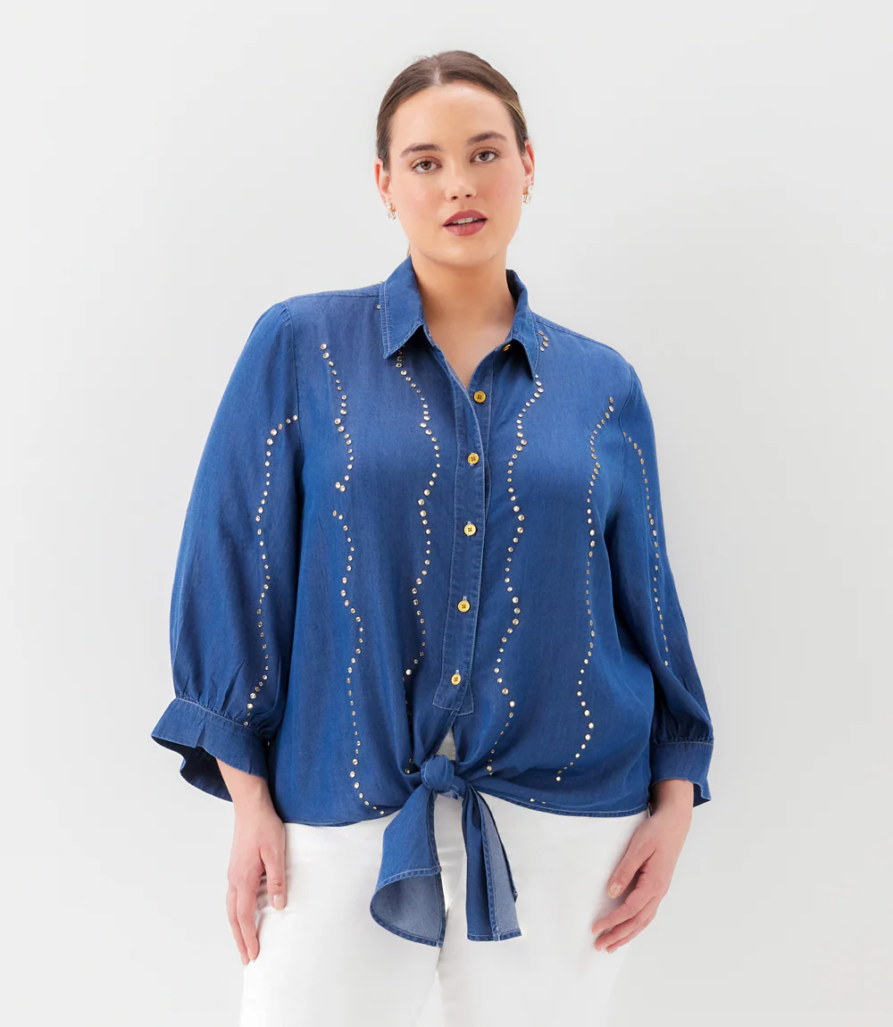 Plus Size Blouson Sleeve Gemstone Denim Shirt - Image 4