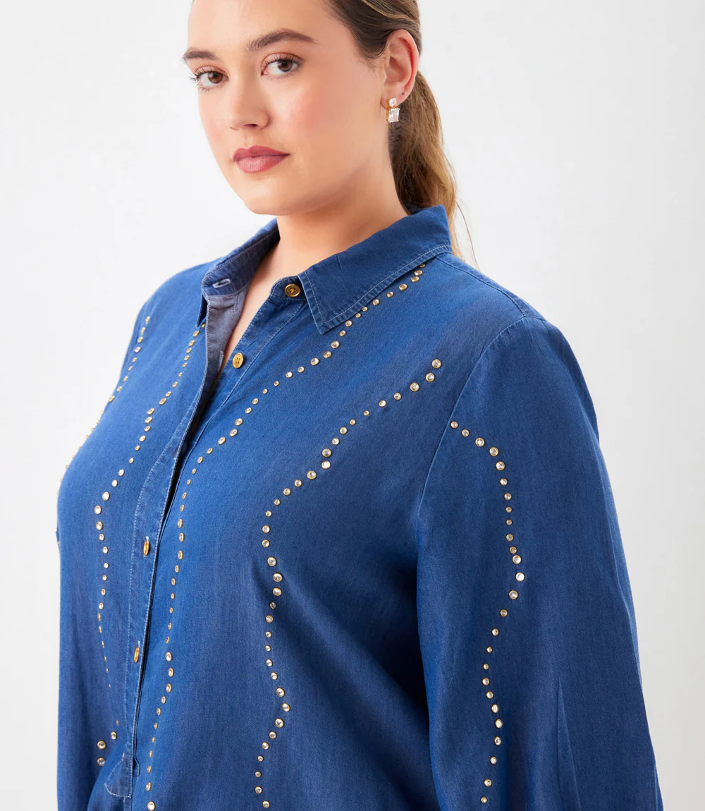 Plus Size Blouson Sleeve Gemstone Denim Shirt - Image 5