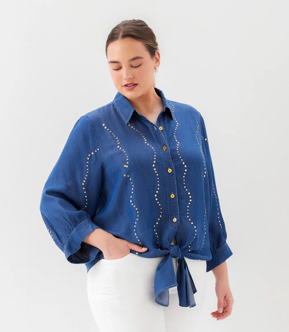 Plus Size Blouson Sleeve Gemstone Denim Shirt - Image 6