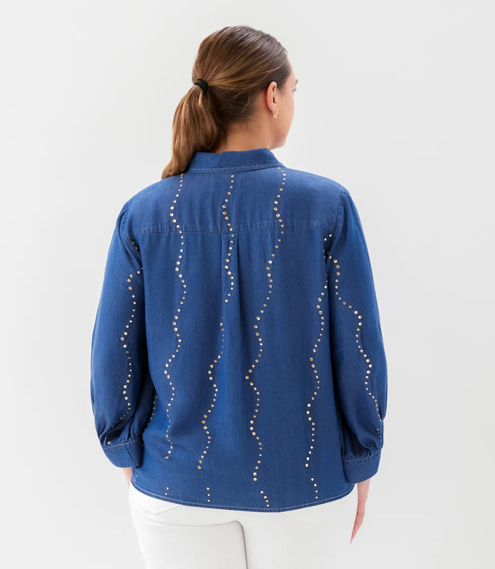 Plus Size Blouson Sleeve Gemstone Denim Shirt - Image 7