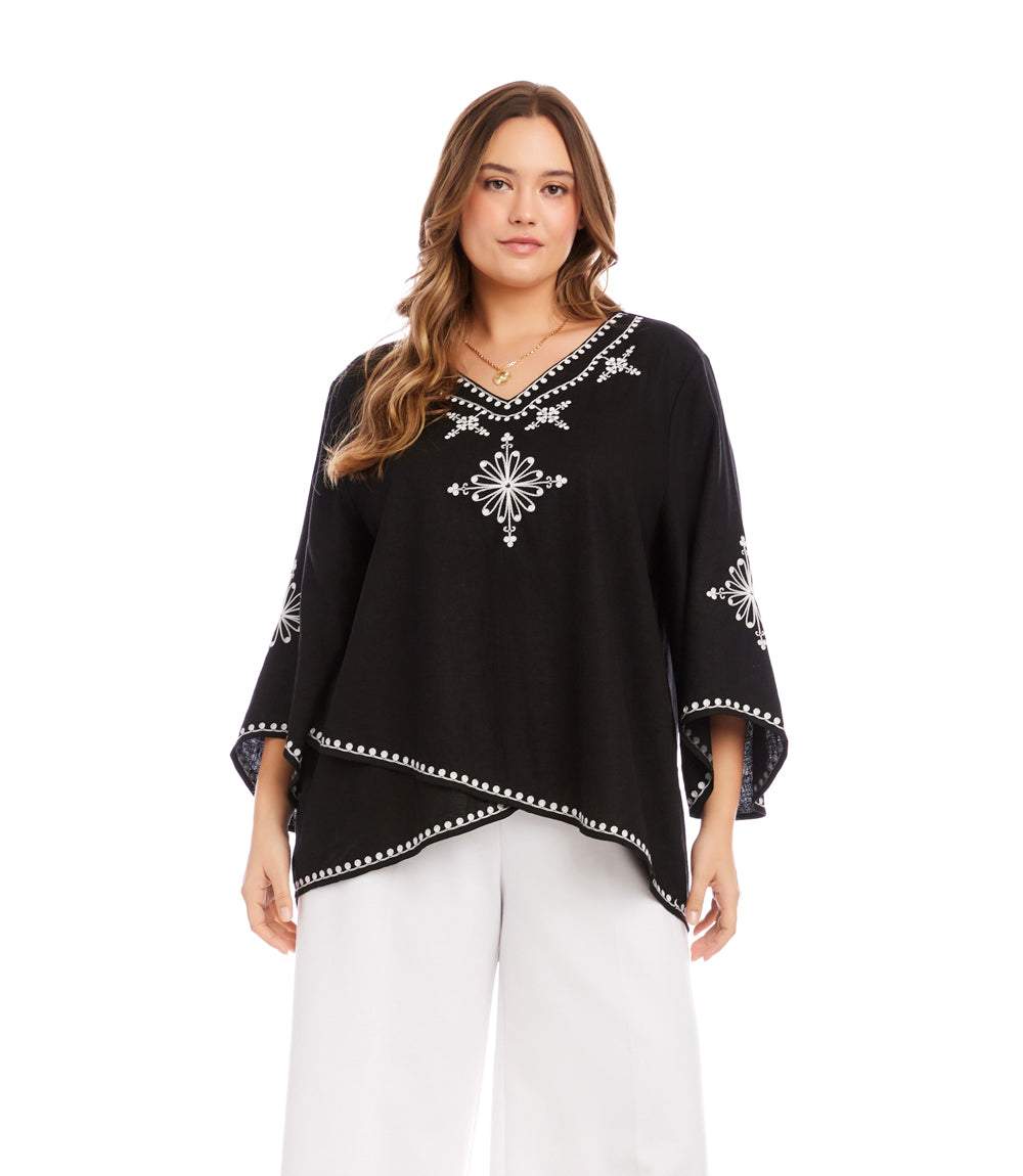 Plus Size Bracelet Sleeve Embroidered Asymmetric Top - Image 3
