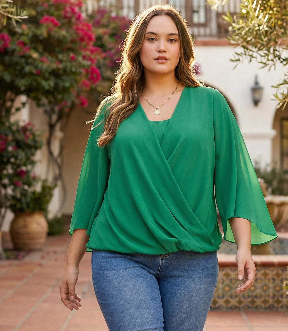 Plus Size Bracelet Sleeve Drape Front Crossover Top - Image 2
