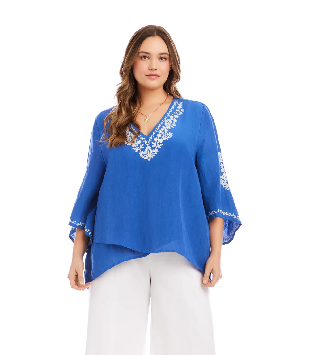Plus Size Bracelet Sleeve Embroidered Asymmetric Top - Image 2