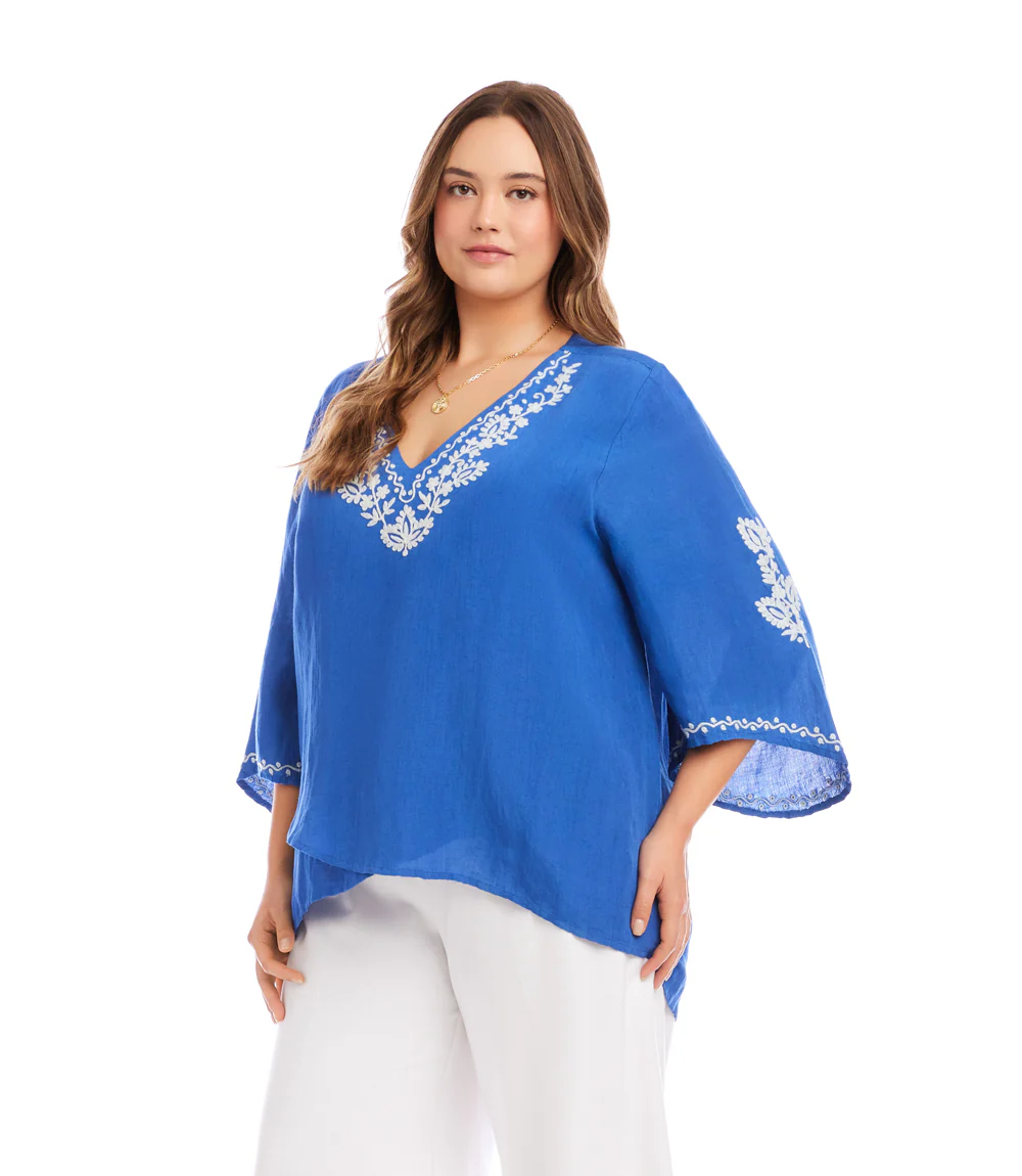 Plus Size Bracelet Sleeve Embroidered Asymmetric Top - Image 3