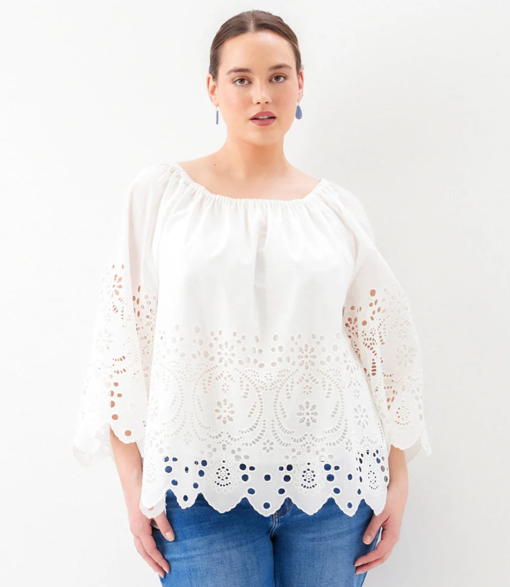 Plus Size Cutout Embroidery Flare Sleeve Peasant Top - Image 2