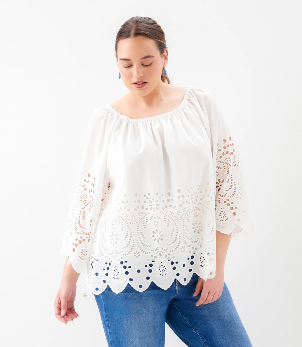 Plus Size Cutout Embroidery Flare Sleeve Peasant Top - Image 3