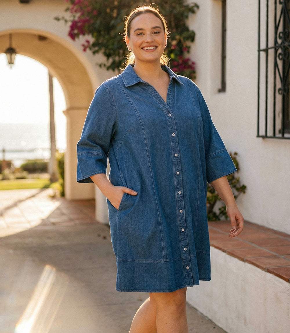 Plus Size Flare Sleeve Shirtdress - Image 2