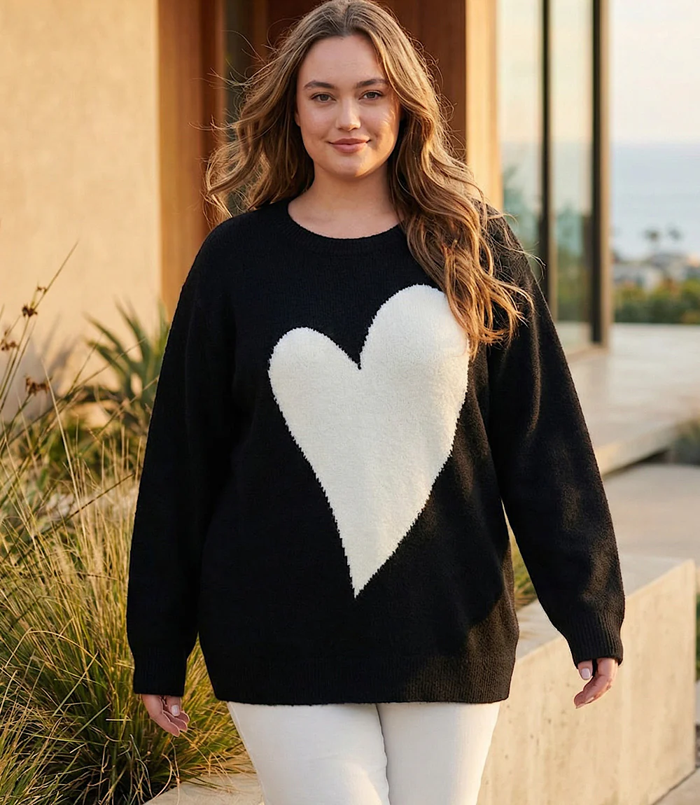 Plus Size Heart Jacquard Sweater - Image 2