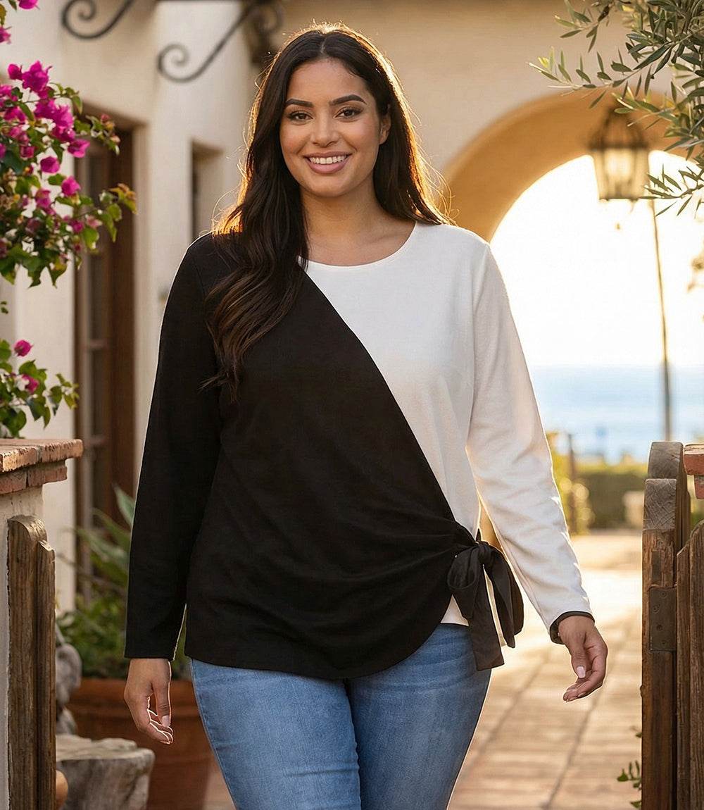 Plus Size Long Sleeve Colorblock Satin Bow Top - Image 2