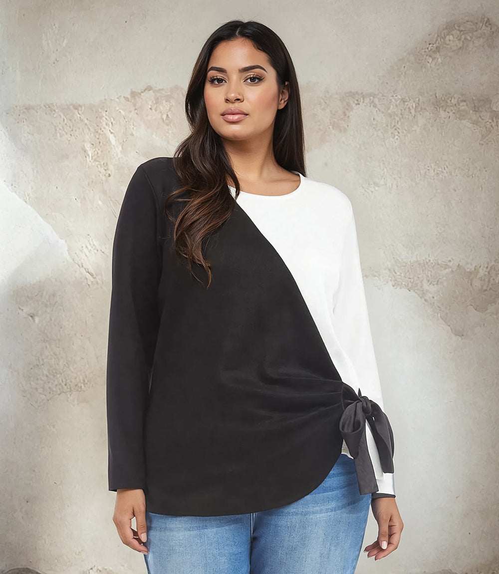Plus Size Long Sleeve Colorblock Satin Bow Top - Image 3