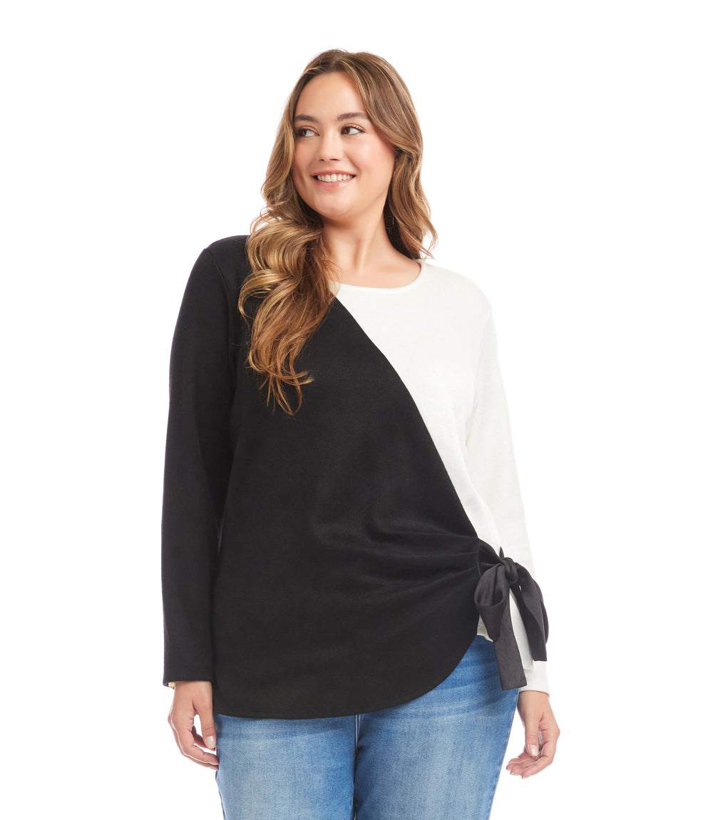 Plus Size Long Sleeve Colorblock Satin Bow Top - Image 4