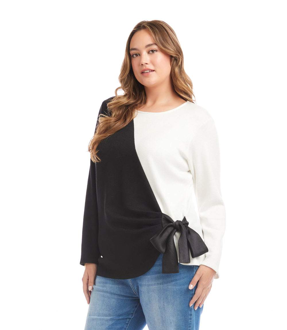 Plus Size Long Sleeve Colorblock Satin Bow Top - Image 5