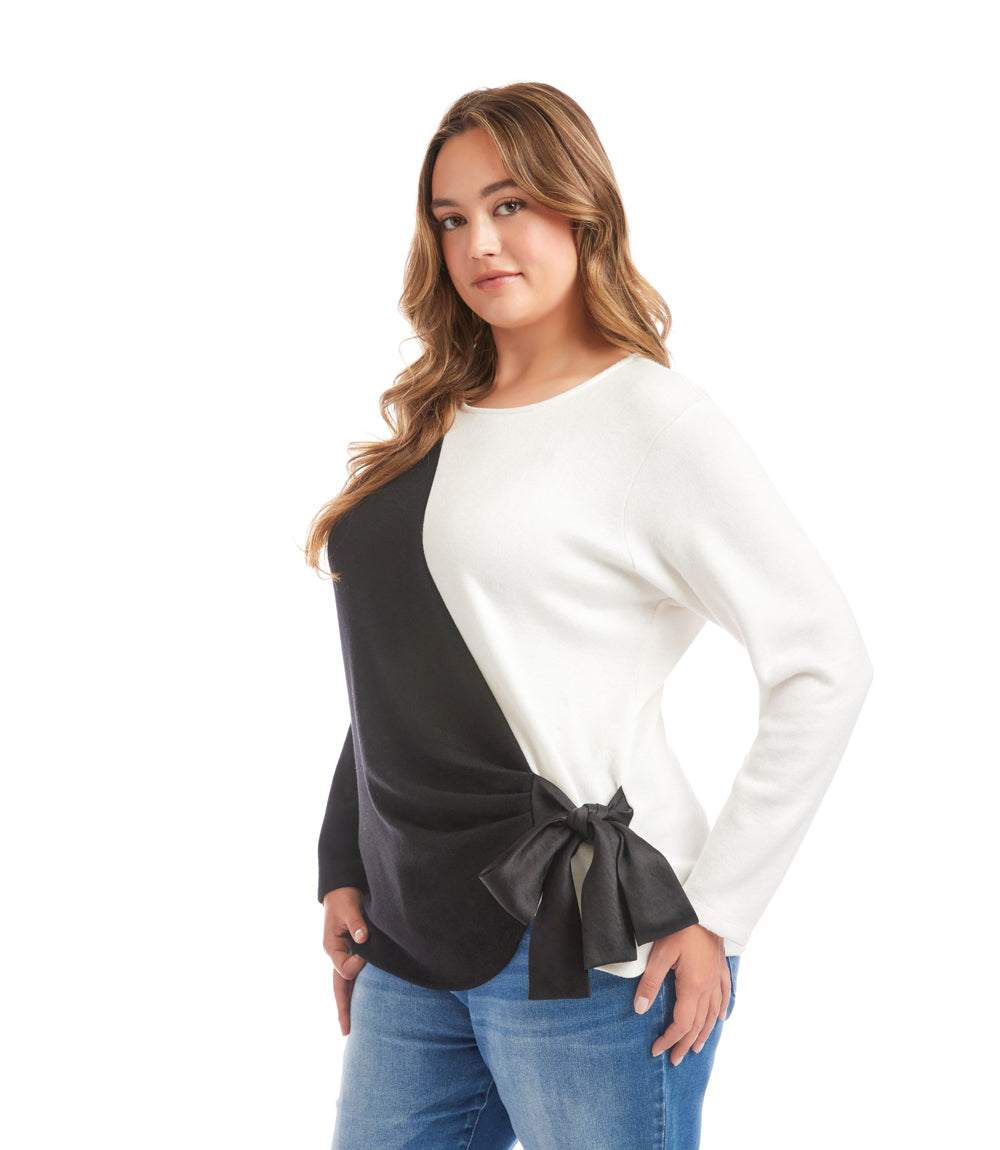 Plus Size Long Sleeve Colorblock Satin Bow Top - Image 6