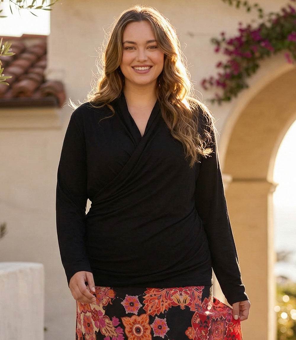 Plus Size Long Sleeve Crossover Side-Shirred Top