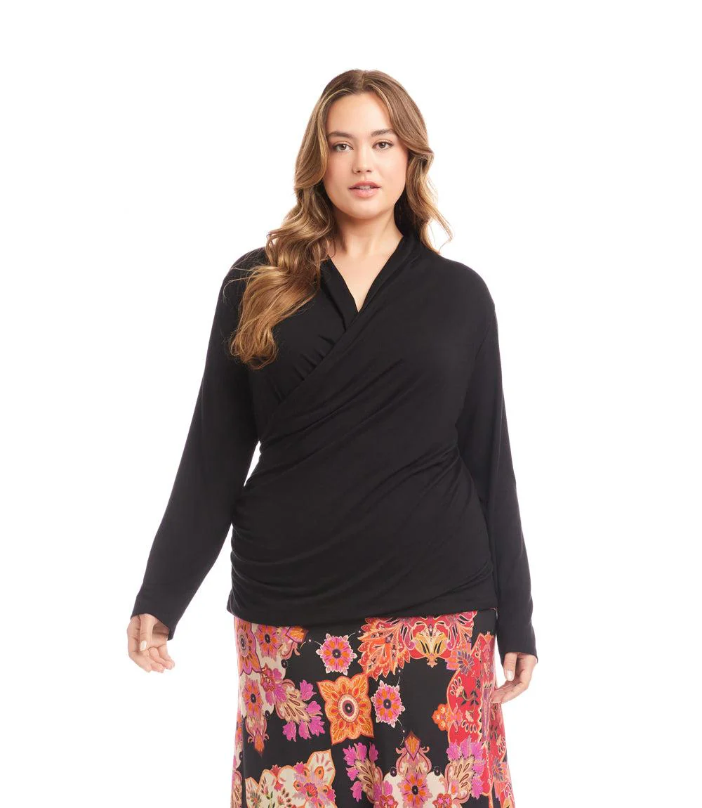 Plus Size Long Sleeve Crossover Side-Shirred Top - Image 2