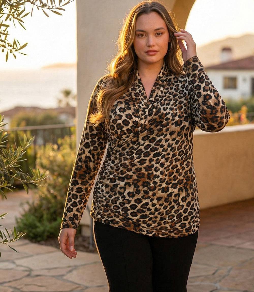 Plus Size Long Sleeve Crossover Side-Shirred Top