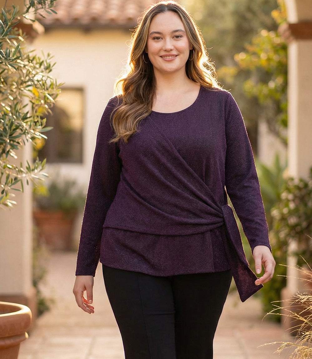 Plus Size Long Sleeve Metallic Knit Side-Tie Top