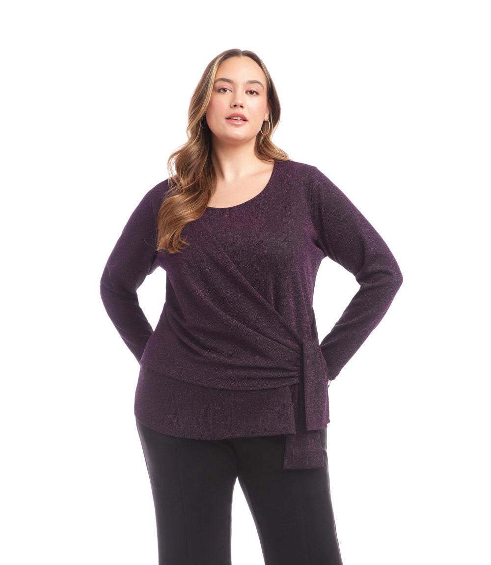 Plus Size Long Sleeve Metallic Knit Side-Tie Top - Image 2