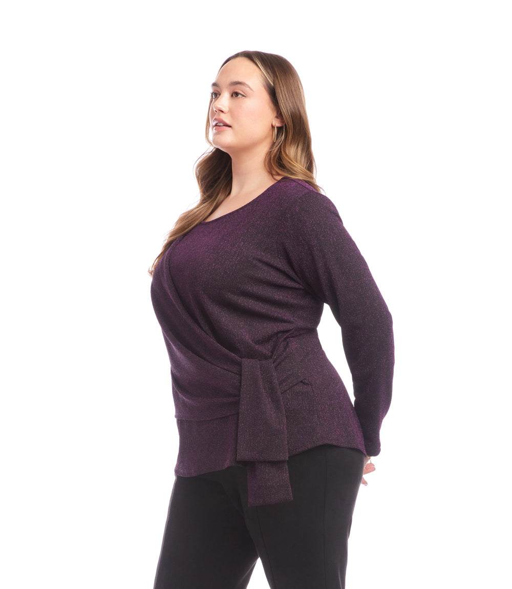 Plus Size Long Sleeve Metallic Knit Side-Tie Top - Image 3