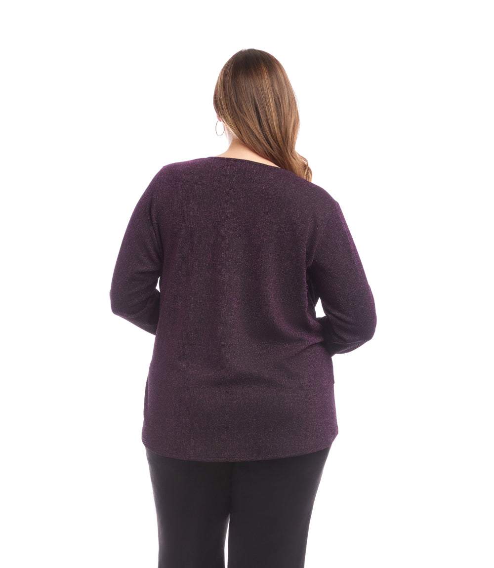 Plus Size Long Sleeve Metallic Knit Side-Tie Top - Image 4