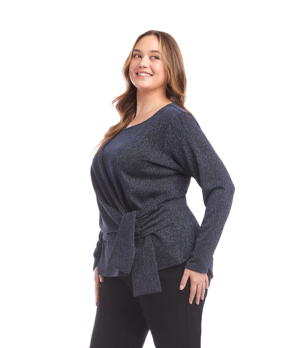 Plus Size Long Sleeve Metallic Knit Side-Tie Top - Image 2