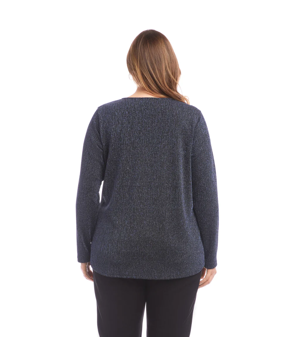 Plus Size Long Sleeve Metallic Knit Side-Tie Top - Image 3