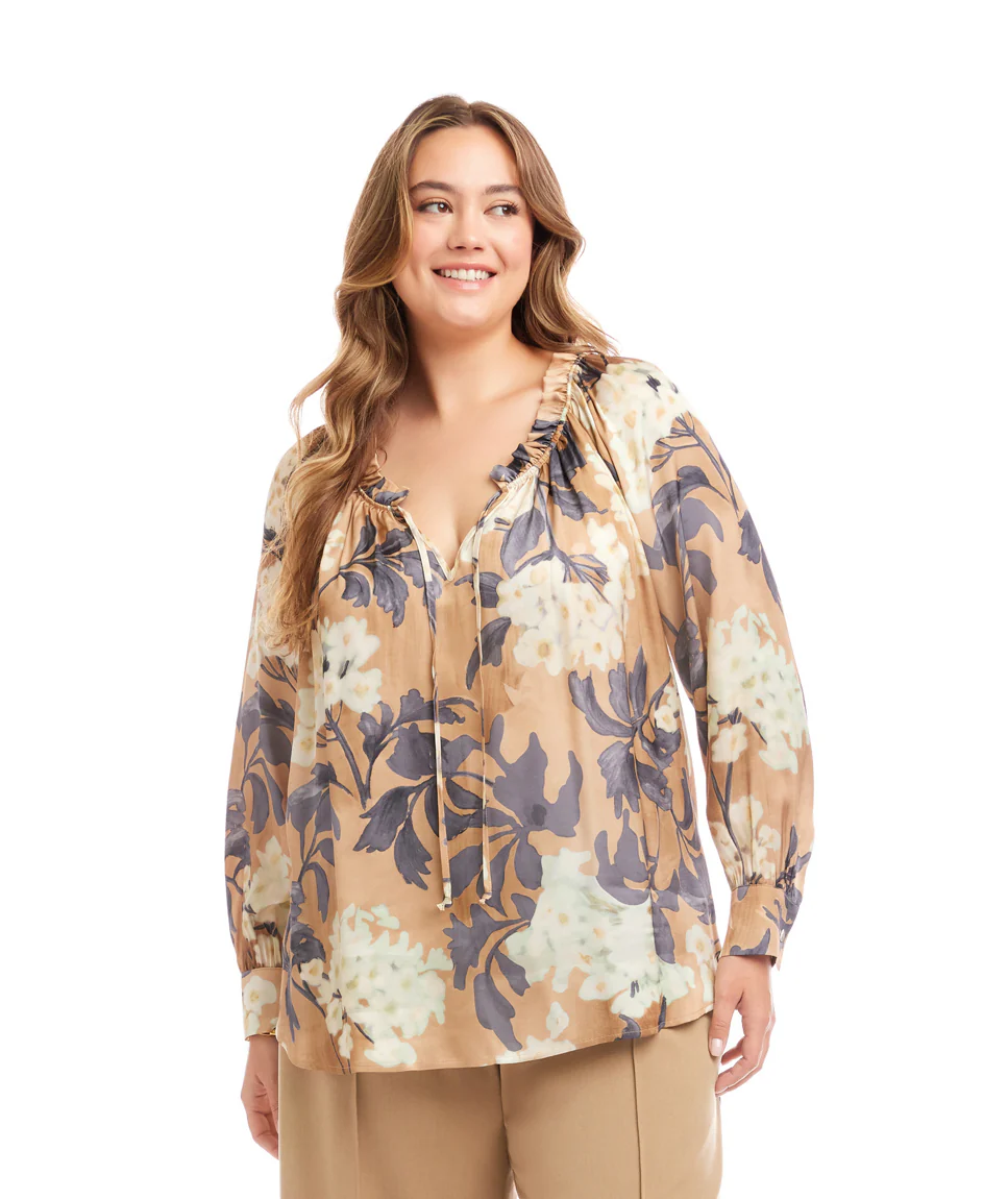 Plus Size Long Sleeve Ruffle Neck Peasant Top - Image 2