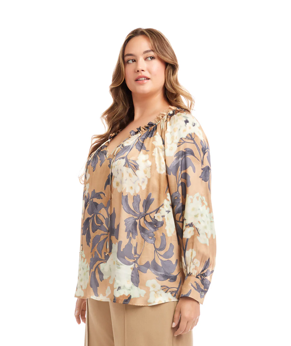 Plus Size Long Sleeve Ruffle Neck Peasant Top - Image 3