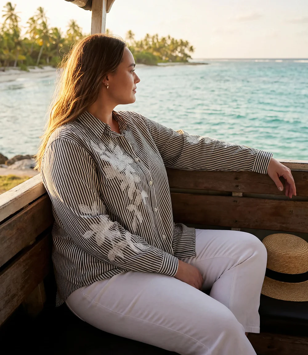 Plus Size Long Sleeve Stripe Embroidered Shirt - Image 2