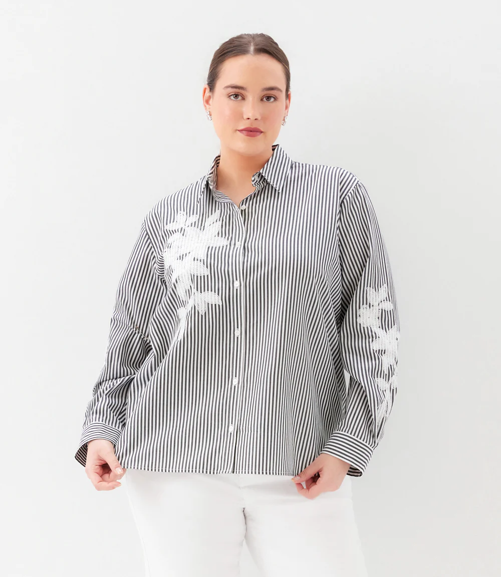 Plus Size Long Sleeve Stripe Embroidered Shirt - Image 3