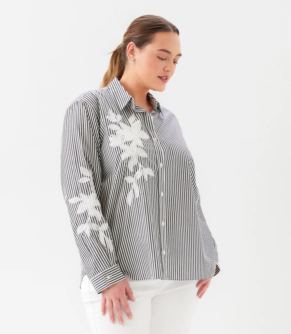 Plus Size Long Sleeve Stripe Embroidered Shirt - Image 5